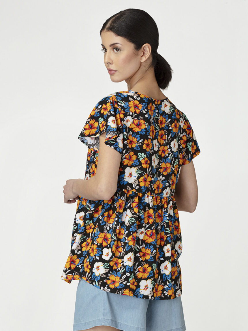 Blusa de enfermagem de mangas curtas com estampa floral - Prénatal