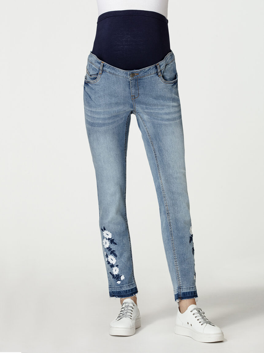 Calça jeans maternidade com bordado de flores - Prénatal
