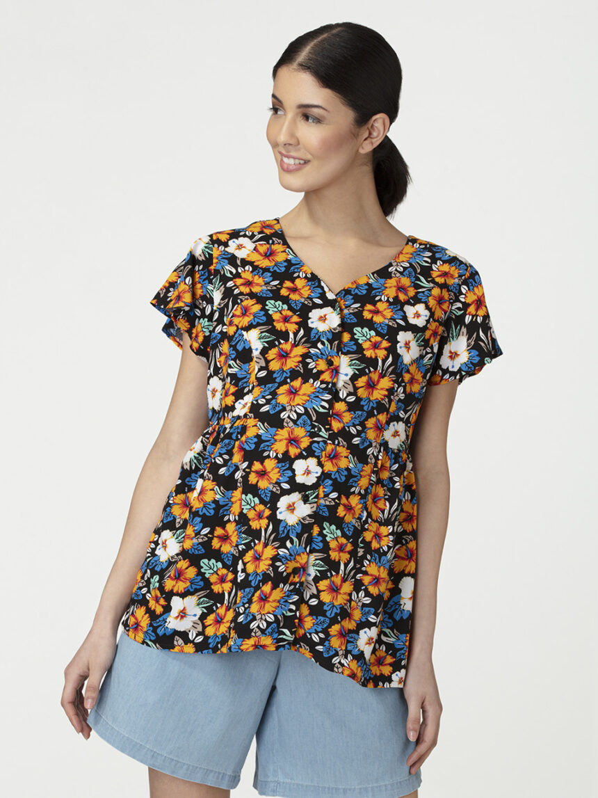 Blusa de enfermagem de mangas curtas com estampa floral - Prénatal
