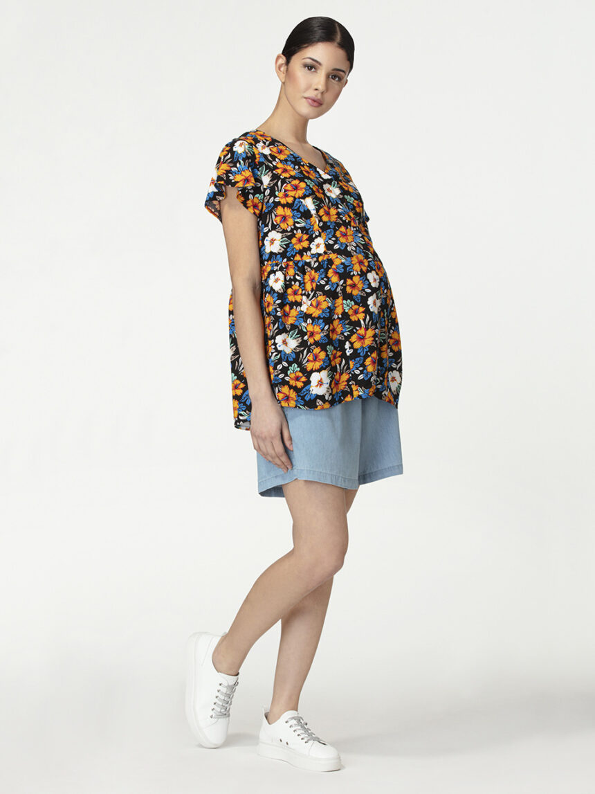 Blusa de enfermagem de mangas curtas com estampa floral - Prénatal