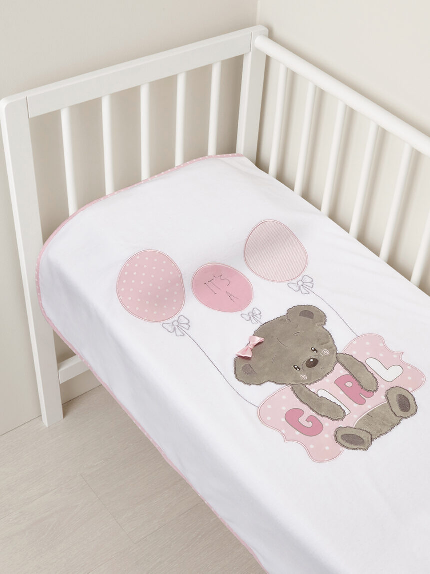 Berço / carrinho de bebê - manta de chenille com ursinho de pelúcia rosa e travesseiro e escrita de menina - Prénatal