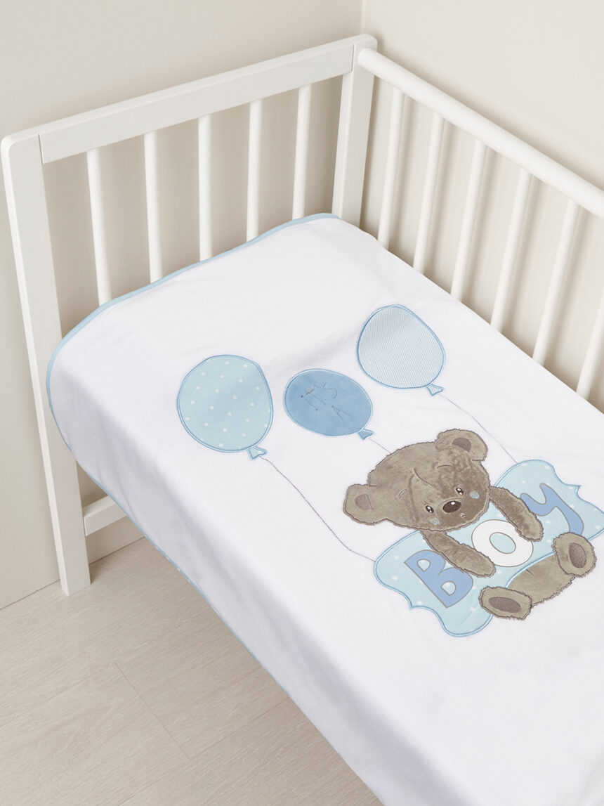 Berço / carrinho de bebê - manta de chenile com ursinho de pelúcia e travesseiro azul com escrita de menino - Prénatal