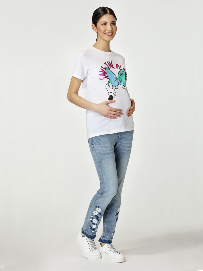 Calça jeans maternidade com bordado de flores - Prénatal