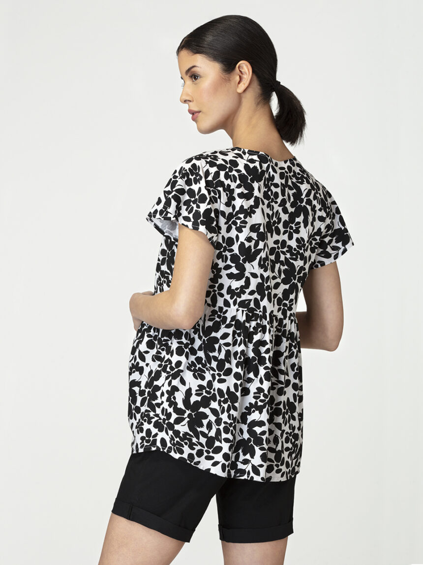 Blusa de amamentação para maternidade com mangas curtas e estampa floral em preto e branco - Prénatal