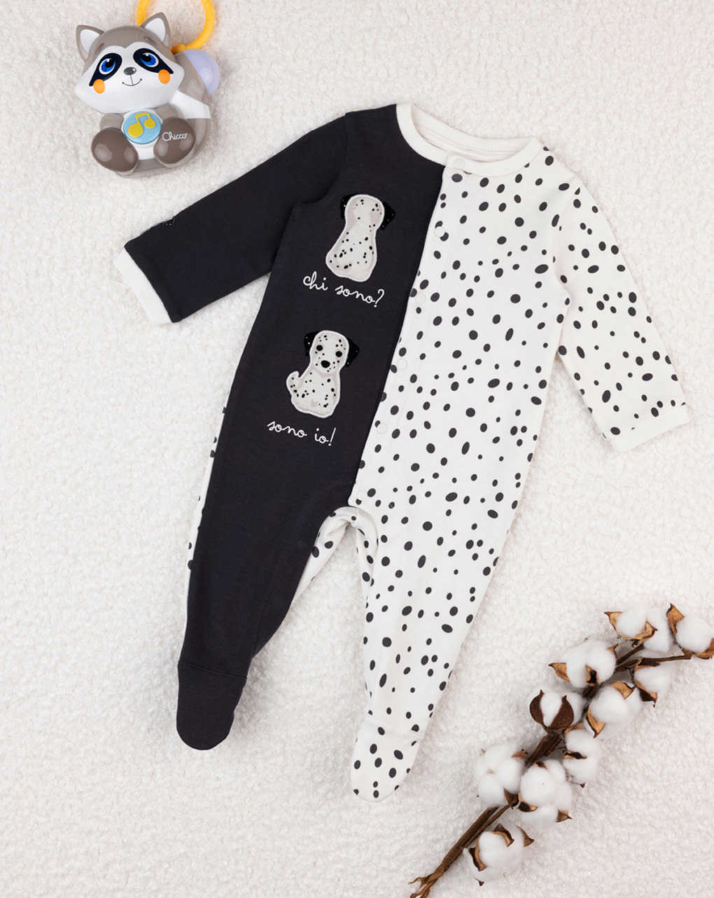 Fato de dormir de algodão orgânico preto e branco para bebé - Prénatal