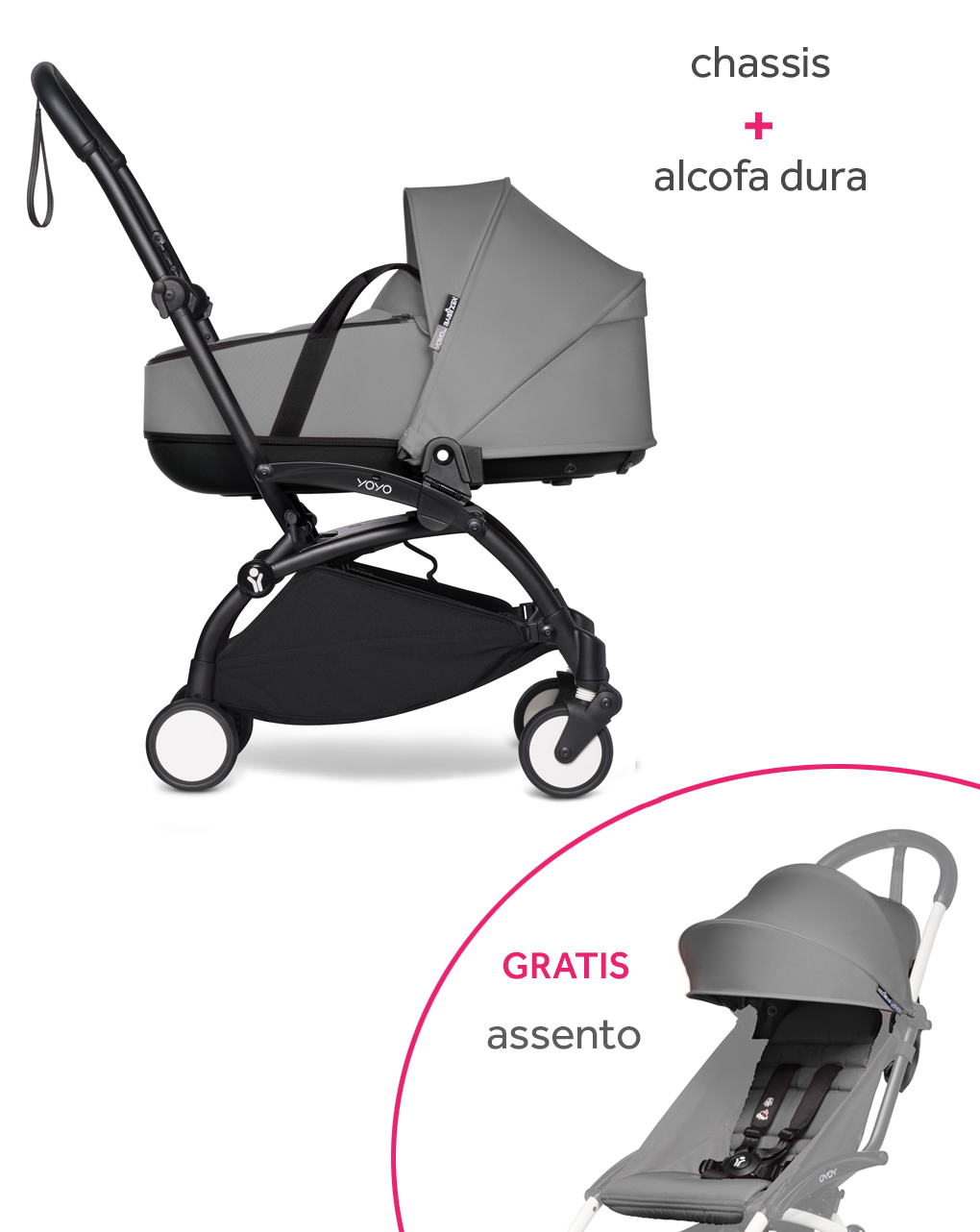 Yoyo² chassis babyzen black e alcofa dura grey + assento grey gratuito - Babyzen