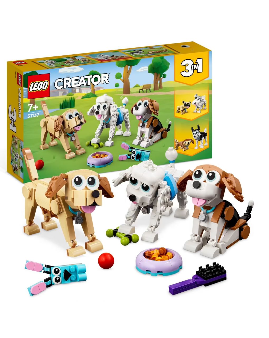 Adorável conjunto cãozinho 3 em 1 com dachshund pug poodle + outros animais para construir - lego creator - LEGO