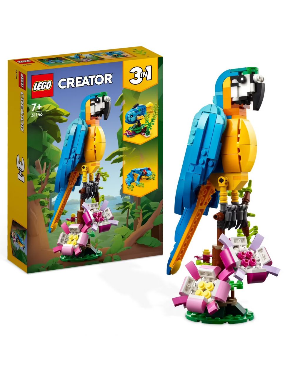 Conjunto 3 em 1 de papagaio exótico com peixe e sapo - lego creator - LEGO