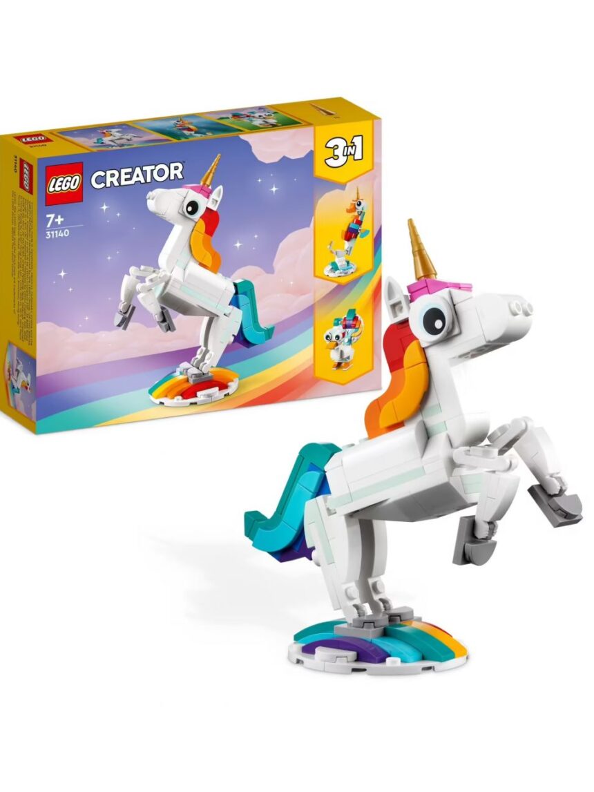 Unicórnio mágico com conjunto arco-íris 3 em 1 com fantásticos animais de brinquedo cavalo marinho e pavão - lego creator - LEGO