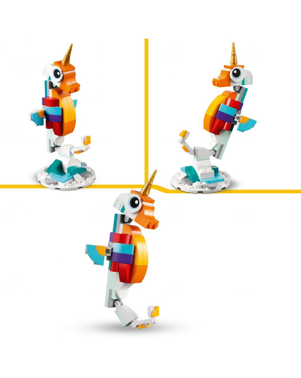 Unicórnio mágico com conjunto arco-íris 3 em 1 com fantásticos animais de brinquedo cavalo marinho e pavão - lego creator - LEGO