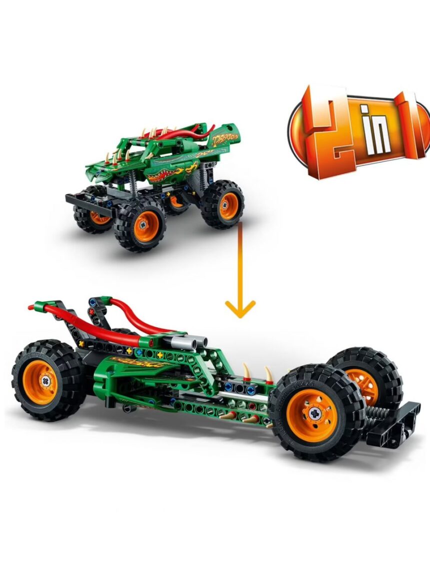 Monster jam dragon - conjunto 2 em 1 com pull-back - camião monstro todo-o-terreno e carrinho de brincar - técnica lego - LEGO