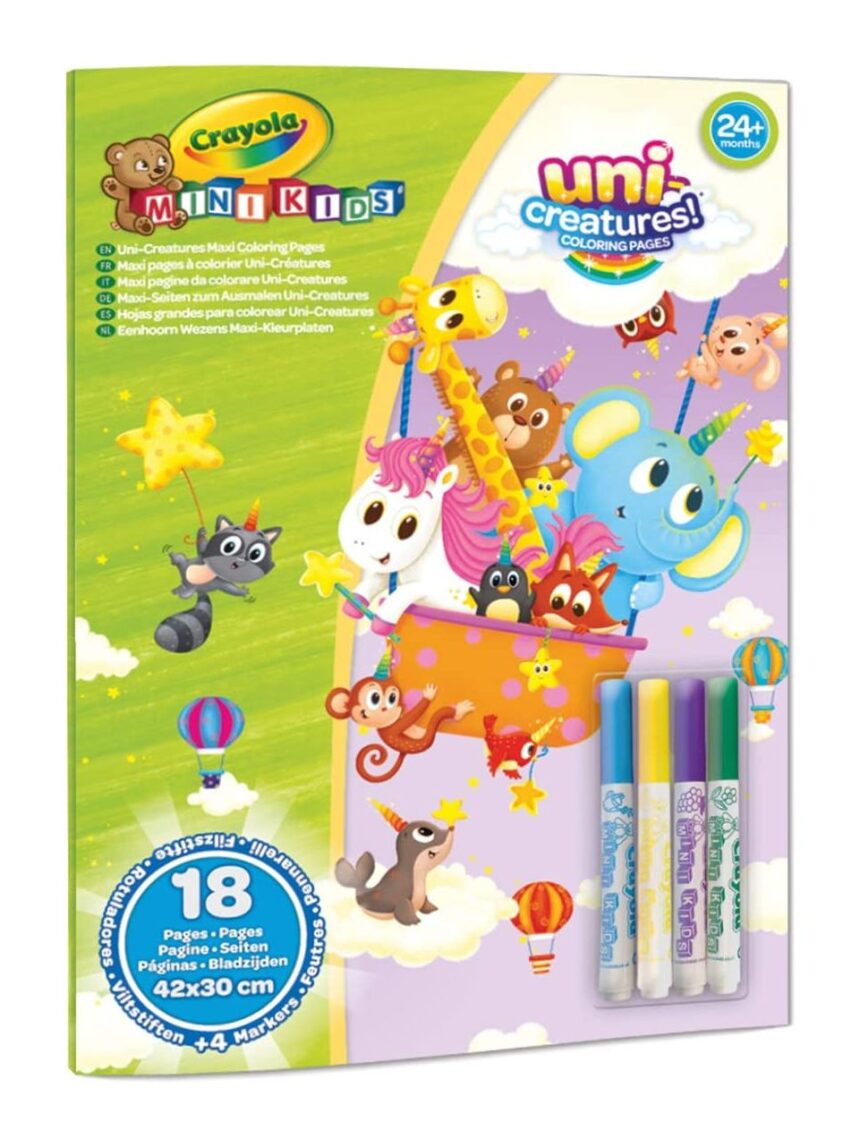 Uni-creatures maxi páginas colorantes e conjunto de marcadores laváveis - crayola mini kids - Crayola