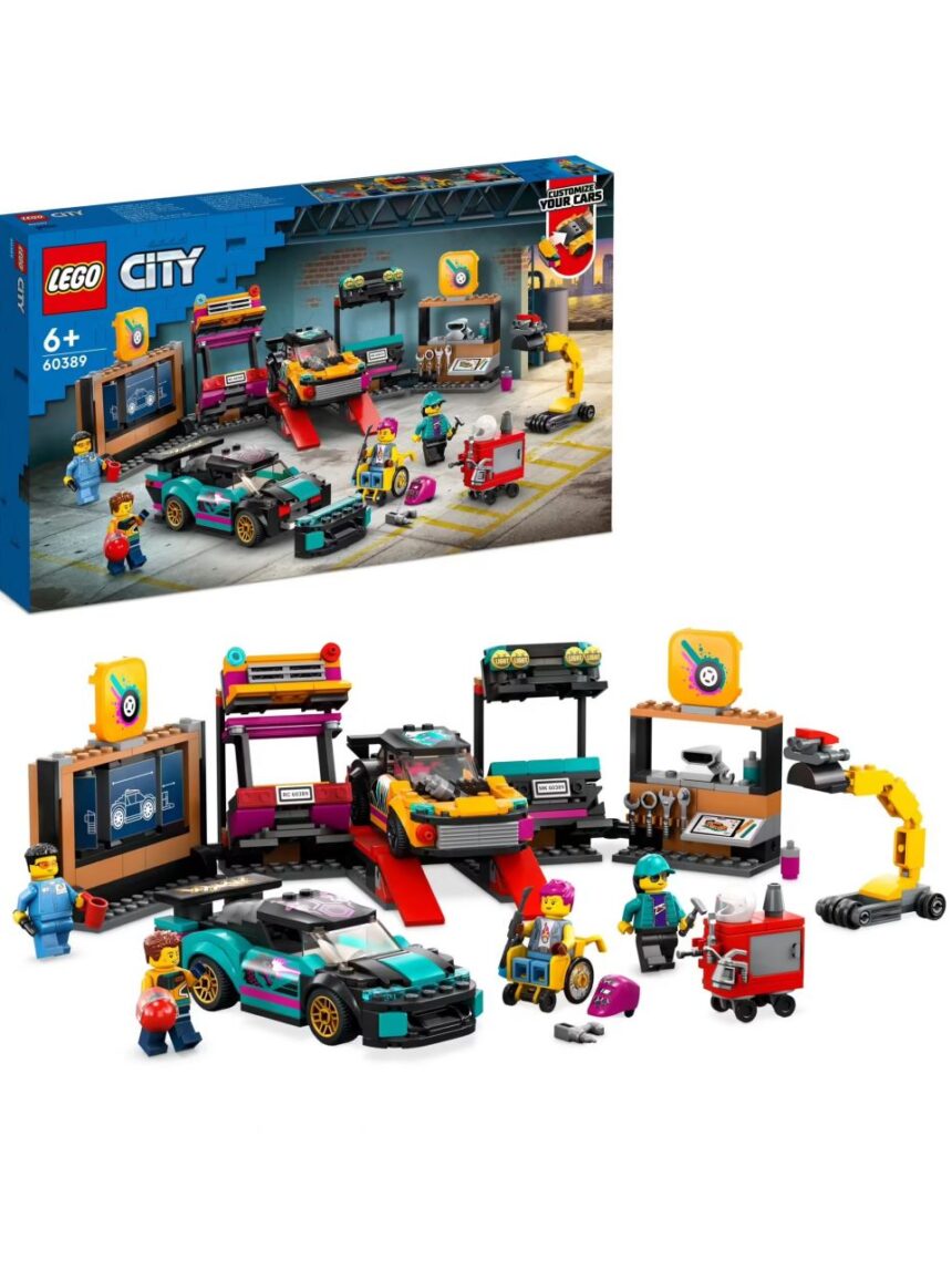 Garagem de carros personalizada com 2 carros de brinquedo personalizáveis - oficina e 4 minifiguras - lego city - LEGO