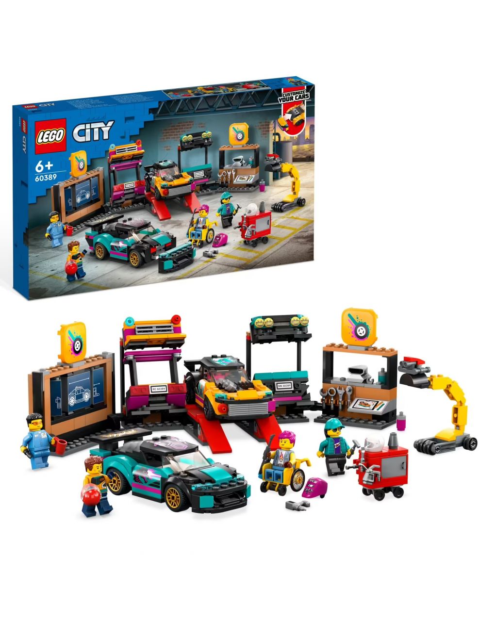 Garagem de carros personalizada com 2 carros de brinquedo personalizáveis - oficina e 4 minifiguras - lego city - LEGO