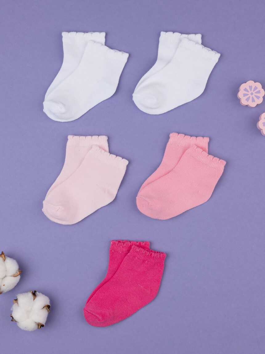 Pacote de 5 meias de bebé cor-de-rosa e brancas - Prénatal