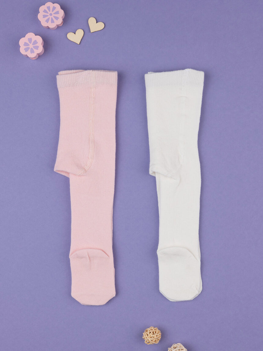 Pack 2 meias-calças de menina brancas e rosa - Prénatal