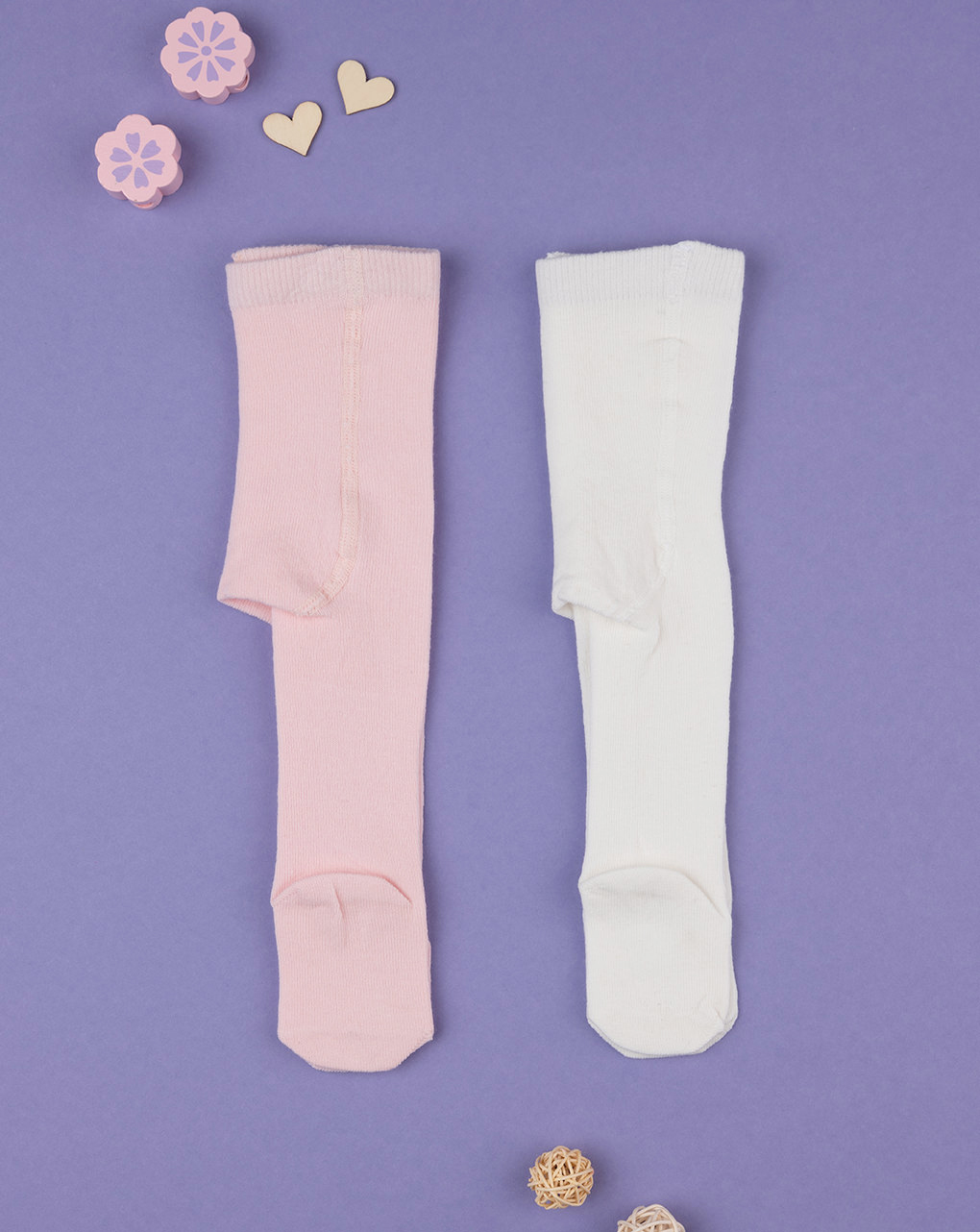 Pack 2 meias-calças de menina brancas e rosa - Prénatal