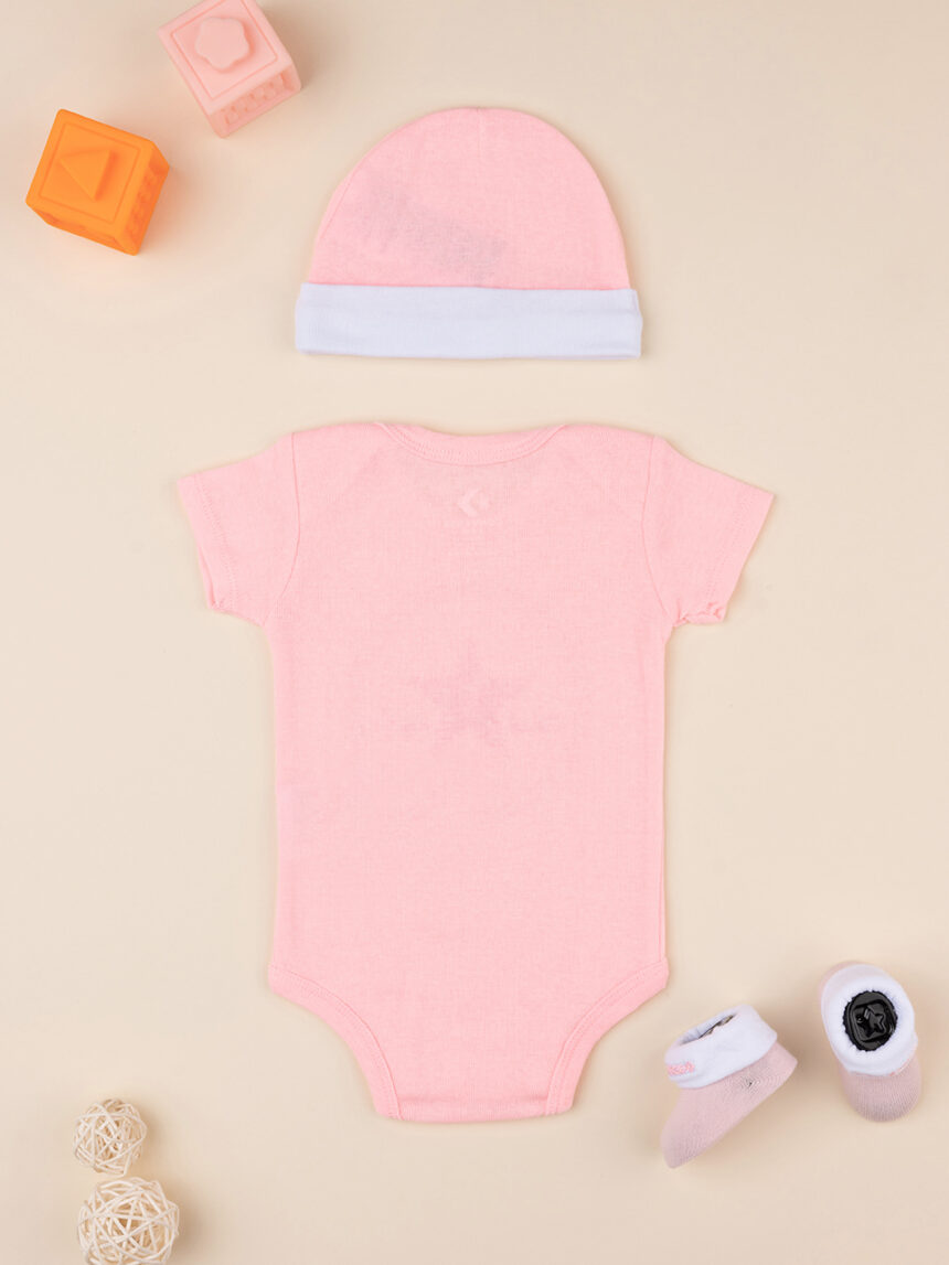 Conjunto de 3 peças chapéu de recém-nascido converso + fato de bebé + sapatos cor-de-rosa - Converse