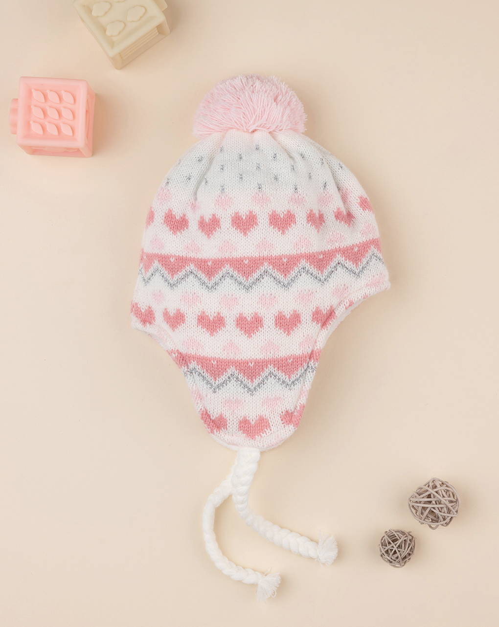 Chapéu tricot corações rosa para bebé - Prénatal