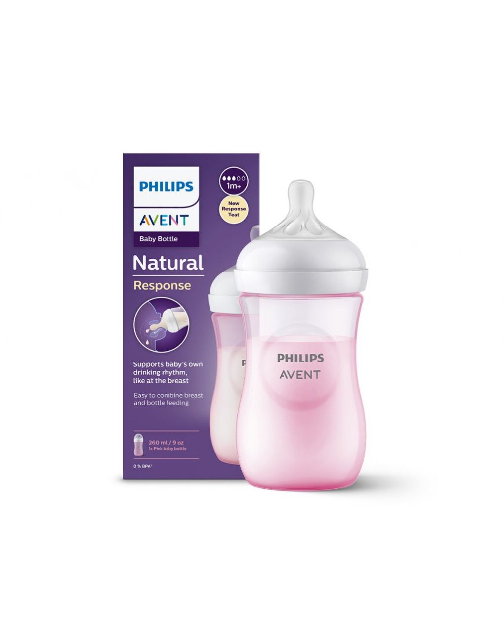 Biberão natural com tetina rosa resposta natural 260 ml 1m+ | sem bpa - philips avent - Philips Avent