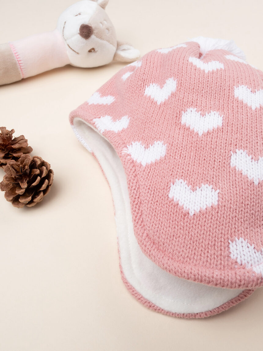 Chapéu tricot corações rosa para bebé - Prénatal