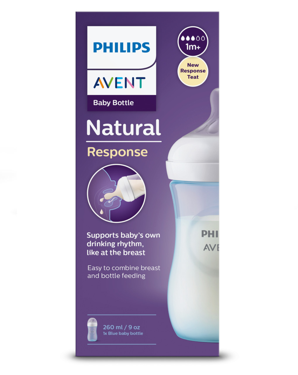 Biberão natural com tetina natural answer azul claro 260 ml 1m+ | sem bpa - philips avent - Philips Avent