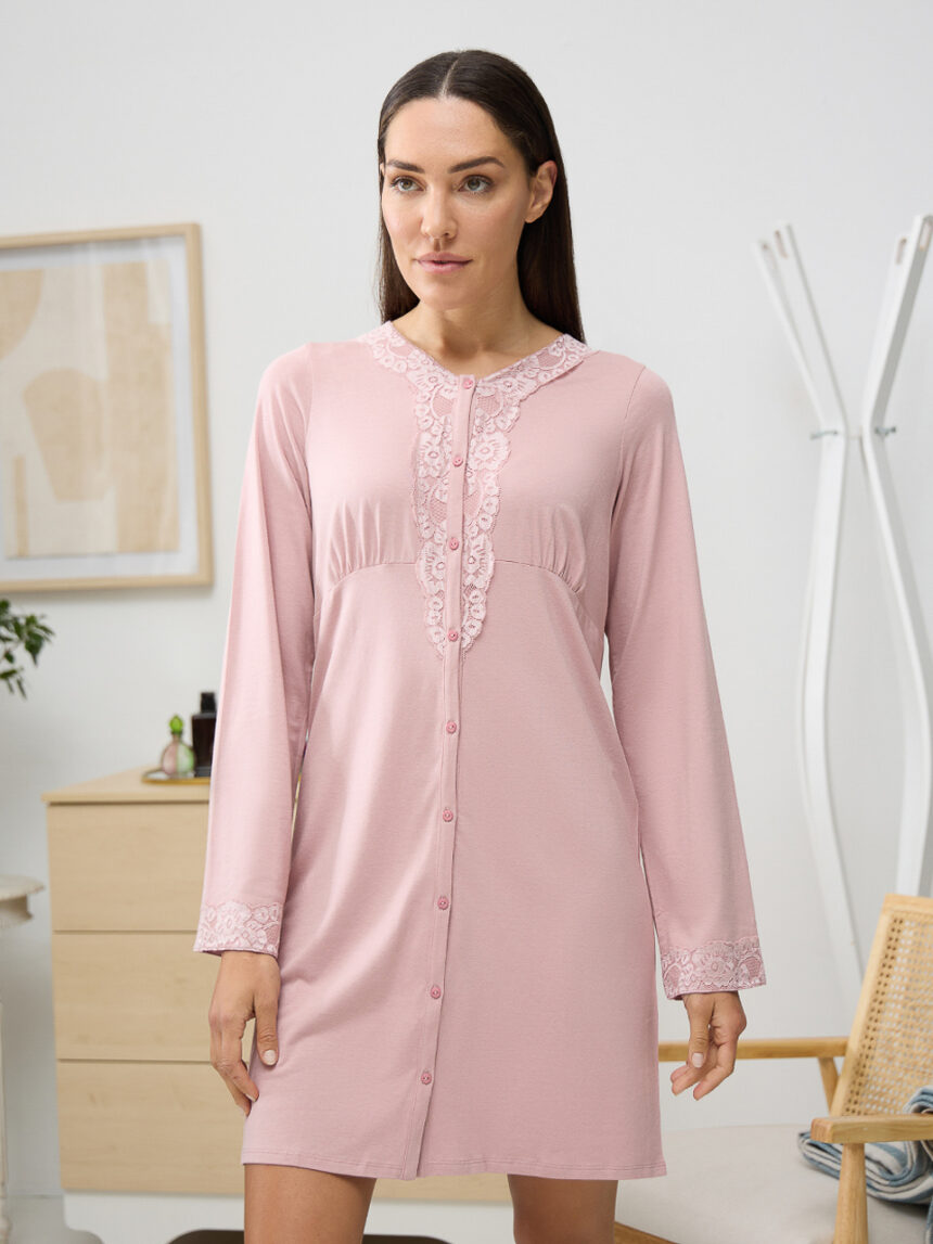 Camisa de noite de parto cor-de-rosa com renda - Prénatal