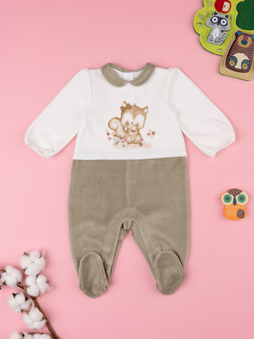 Fato de dormir em chenille creme/verde para bebé menina - Prénatal