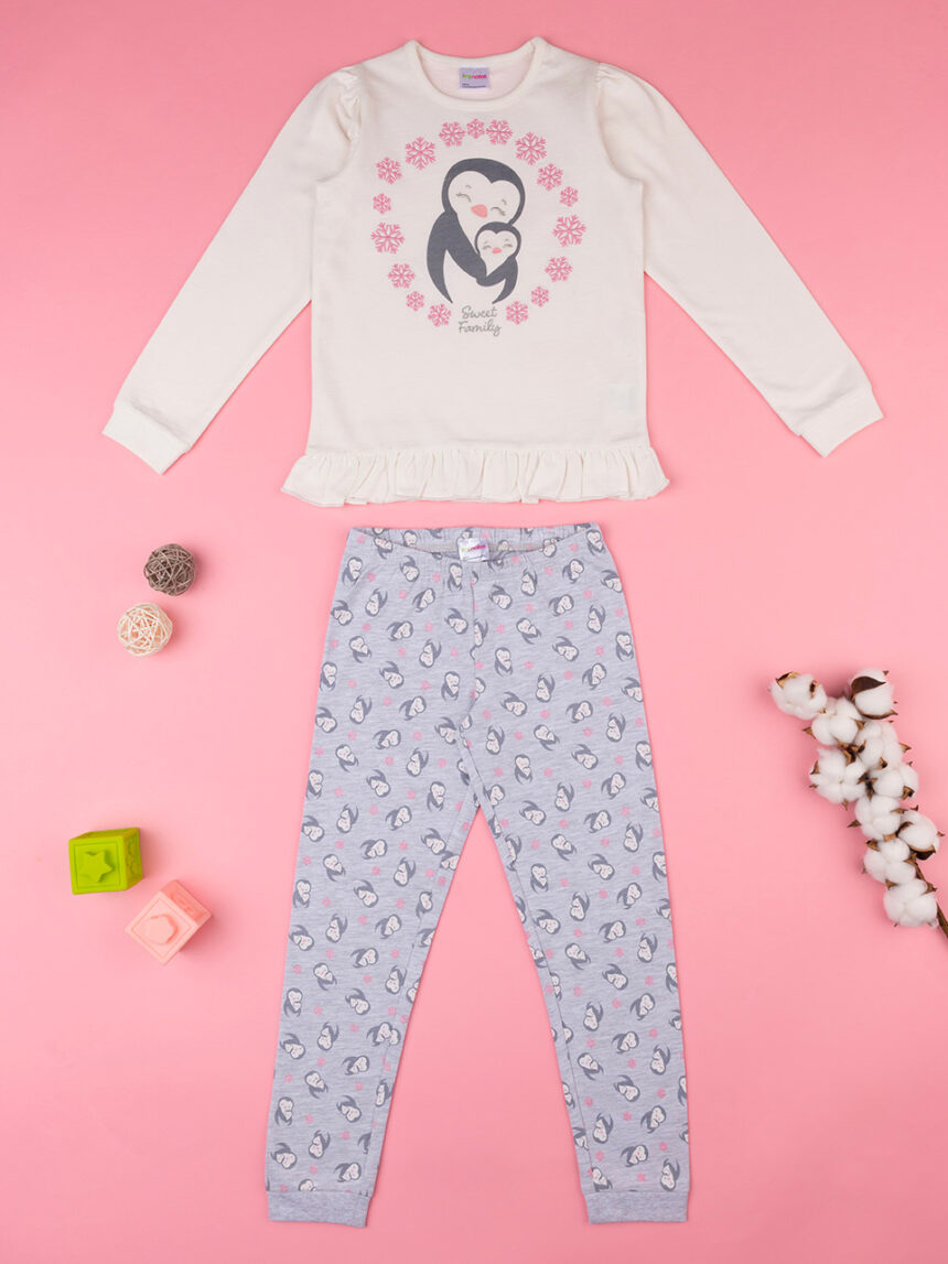 Pijama de pelúcia "pinguins" para rapariga, algodão orgânico - Prénatal