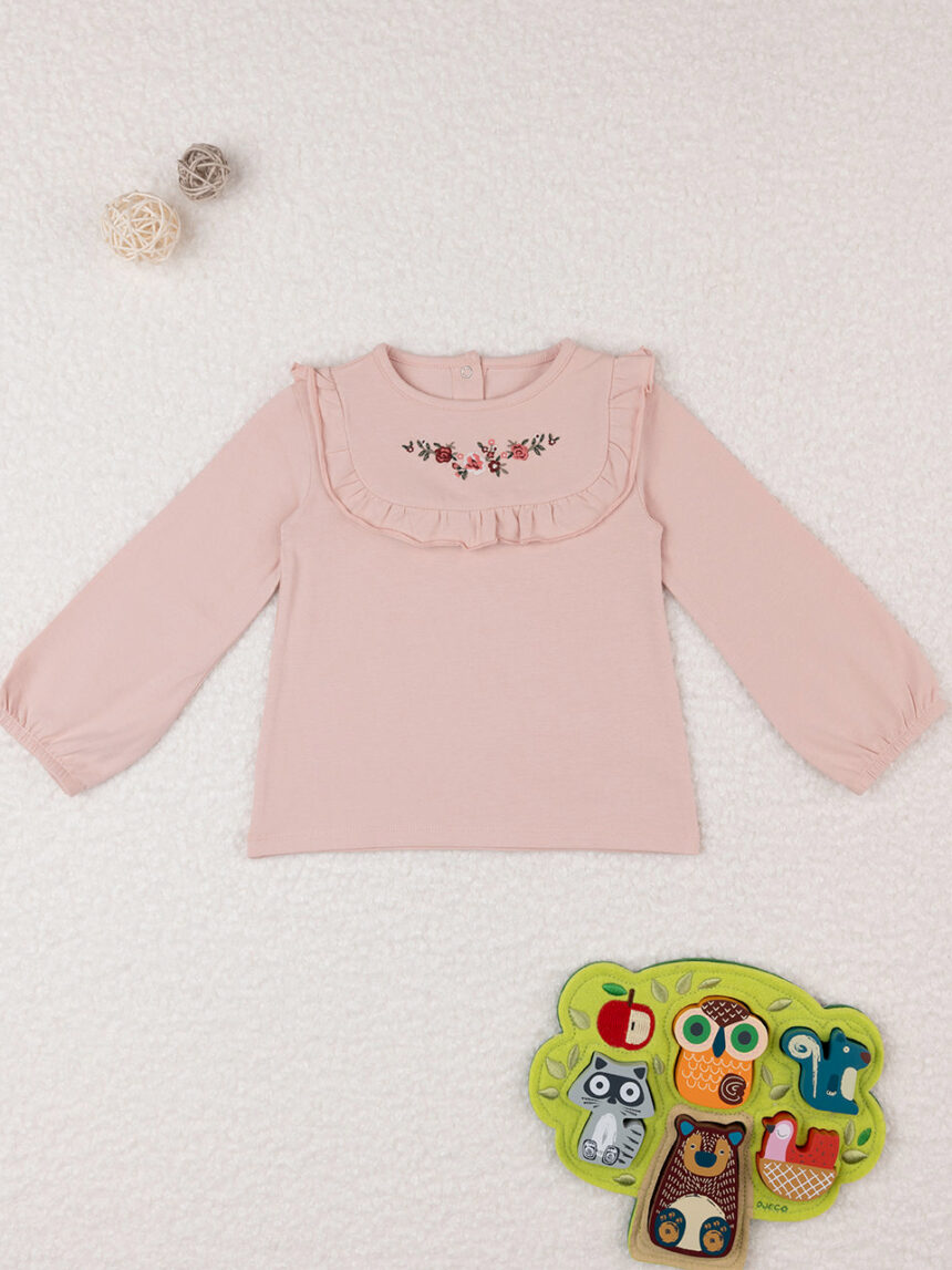 T-shirt rosa de manga comprida com bordado para menina - Prénatal
