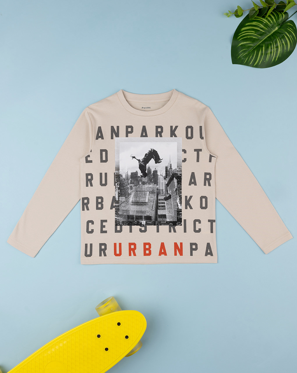 T-shirt bege de manga comprida com estampado para rapaz - Prénatal
