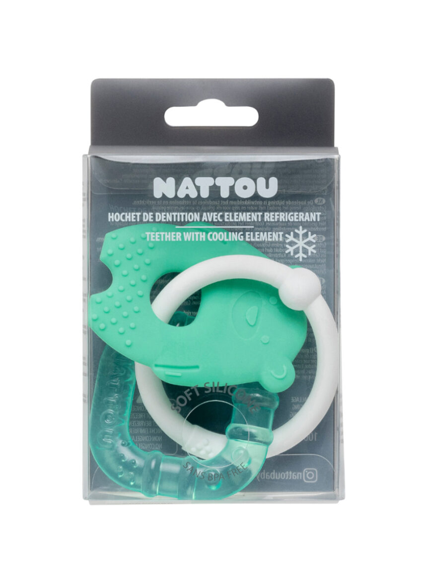 Chocalho de dentição em silicone verde com gel refrescante 10 cm - nattou - Nattou