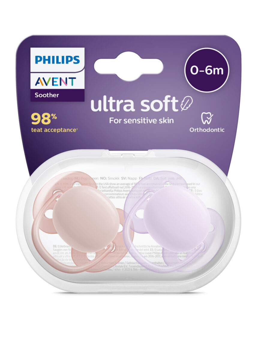 2 chupetas ultra suaves 0-6 meses cor roxo/rosa - philips avent - Philips Avent