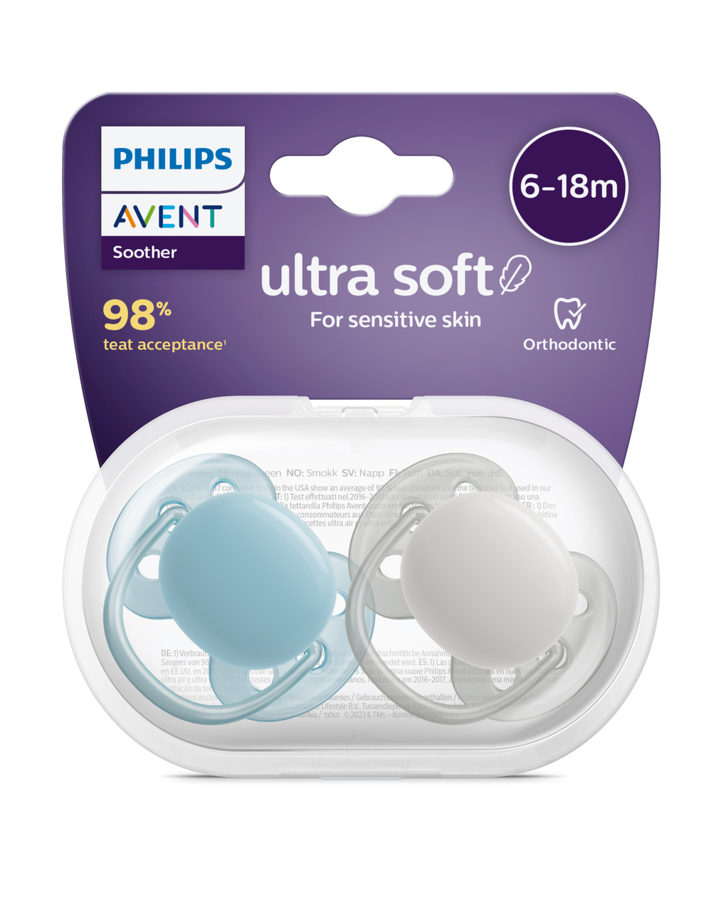 2 chupetas ultra suaves 6-18 meses cor azul claro/cinza - philips avent - Philips Avent