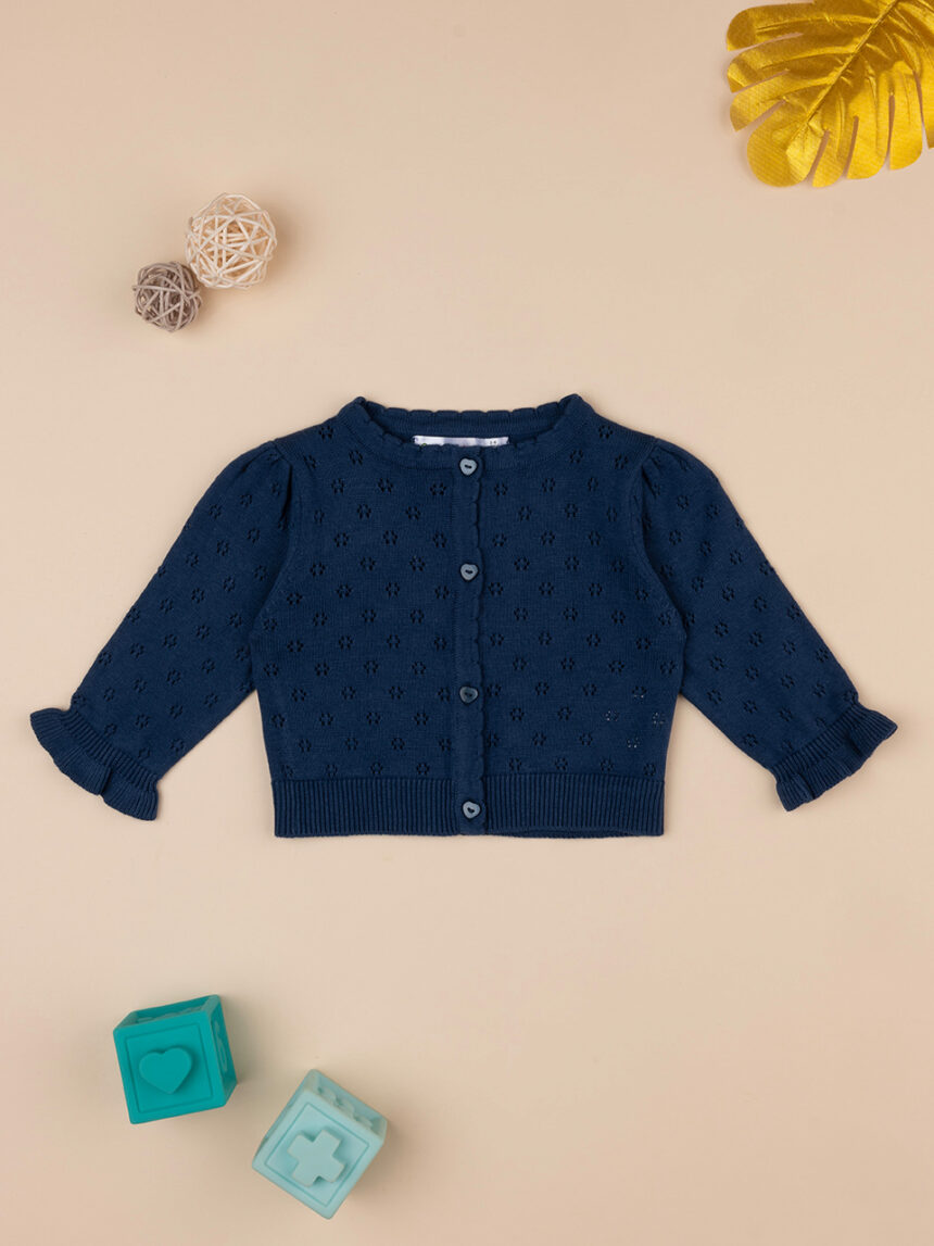 Casaco perfurado de tricot azul escuro para rapariga - Prénatal