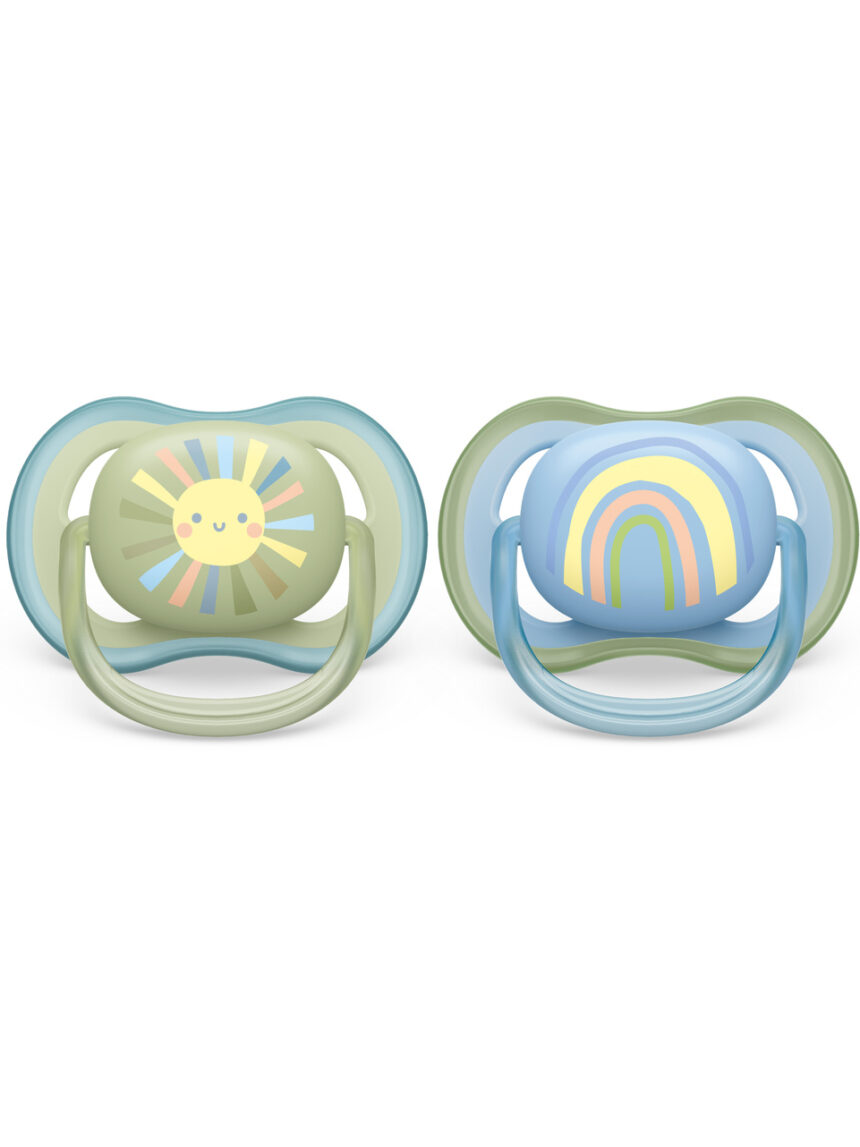 2 chupetas ultra air 0-6 meses com tetina ortodôntica simétrica - sol/arco-íris - philips avent - Philips Avent