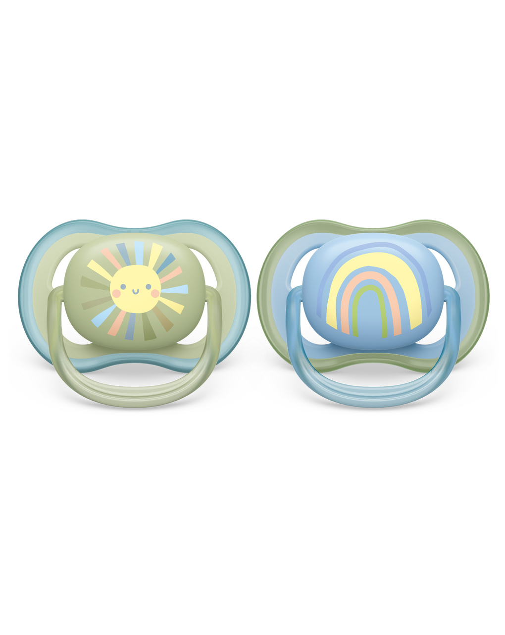 2 chupetas ultra air 0-6 meses com tetina ortodôntica simétrica - sol/arco-íris - philips avent - Philips Avent