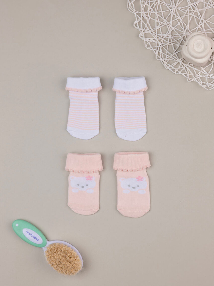 Conjunto de 2 pares de meias de algodão cor-de-rosa com urso e riscas - Prénatal