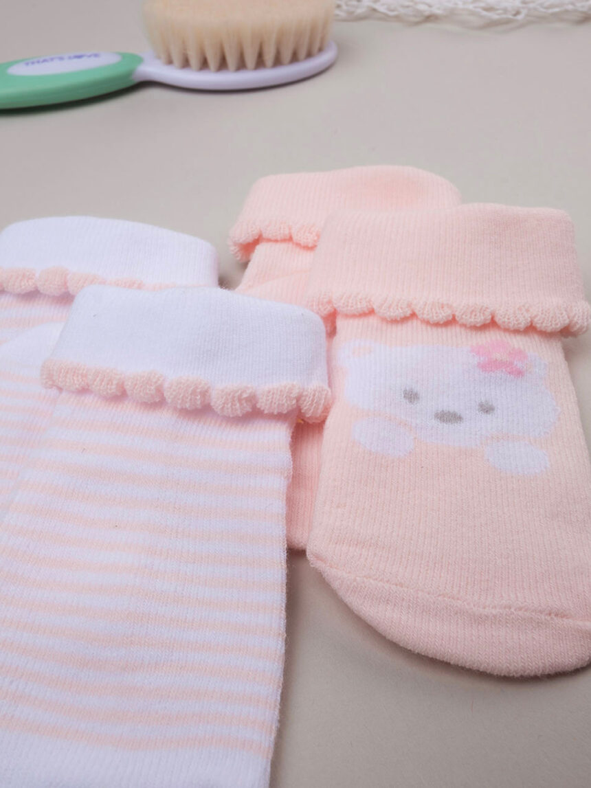 Conjunto de 2 pares de meias de algodão cor-de-rosa com urso e riscas - Prénatal