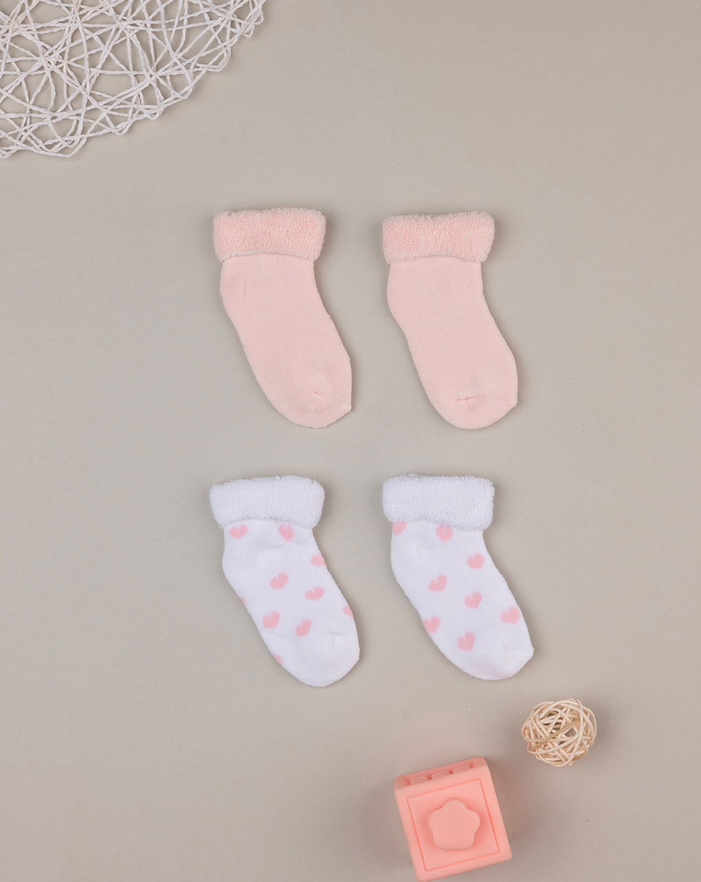 Conjunto de 2 pares de meias de felpo cor-de-rosa com corações - Prénatal