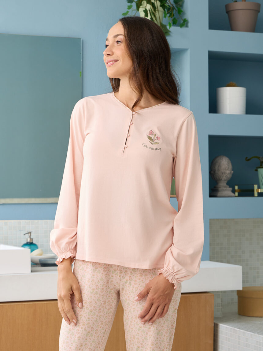 Pijama de amamentação cor-de-rosa com bordados e padrão floral - Prénatal